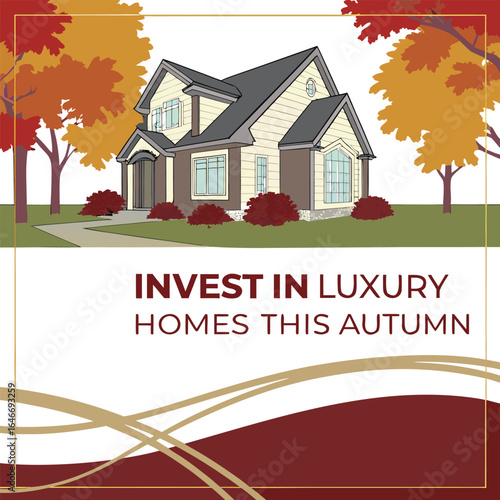 Illustration of a two story house with autumn trees and bushes in front of it with a pathway leading up to it
