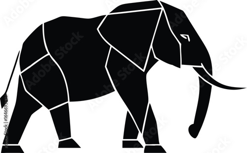 Stylized black silhouette of an elephant with geometric segments on white animal