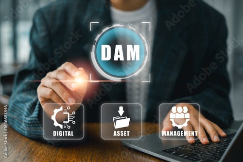 Visual representation of digital asset management with icons and a professional using a laptop for data organization.