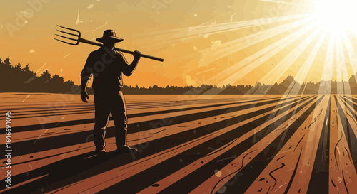 Farmer standing in field with pitchfork at sunrise agricultural scene