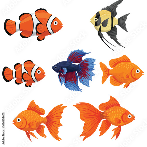 Vibrant flat 2D vector set of tropical and freshwater fish, featuring clownfish, angelfish, betta fish, guppy, and goldfish, isolated on a white background.