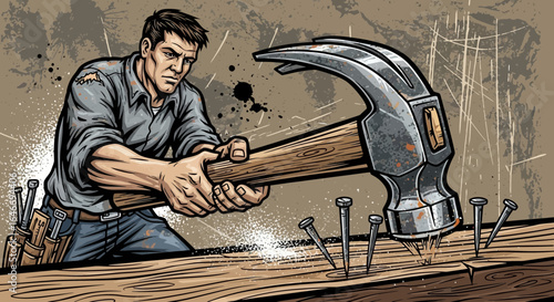 Focused worker hammering nails into wooden surface with determination