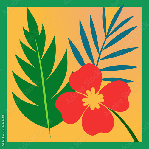 Vibrant tropical flower and leaves on gradient background