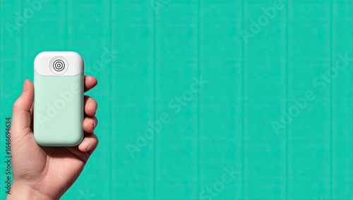 Wallpaper Mural Hand holding a mint green portable charger against a teal background Torontodigital.ca
