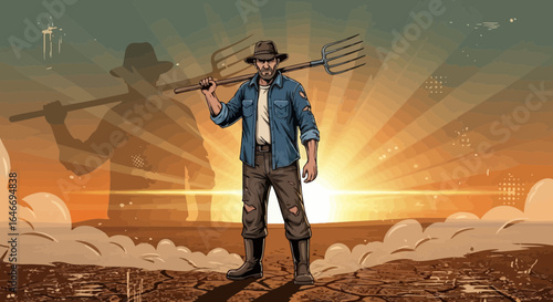 Illustrated farmer standing defiantly in drought-stricken field with sunset