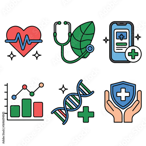 Healthcare Icons Heart Stethoscope Smartphone D N A Chart Shield Hands