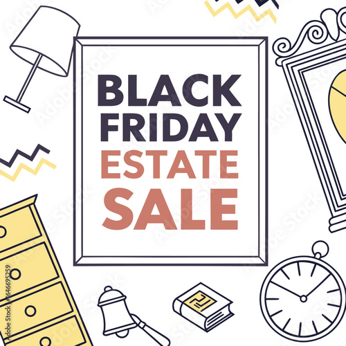 Illustration of black friday estate sale advertisement with furniture and decorative items around it
