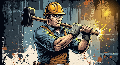 Illustration of a construction worker with safety gear holding a sledgehammer