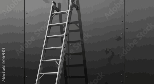 Illustration of a ladder leaning against a dark riveted metallic wall