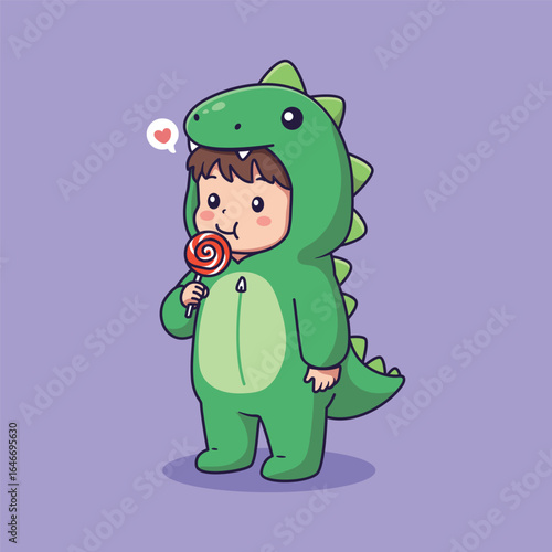 Cute kid in a green dinosaur costume eating a lollipop with a heart. vector illustration