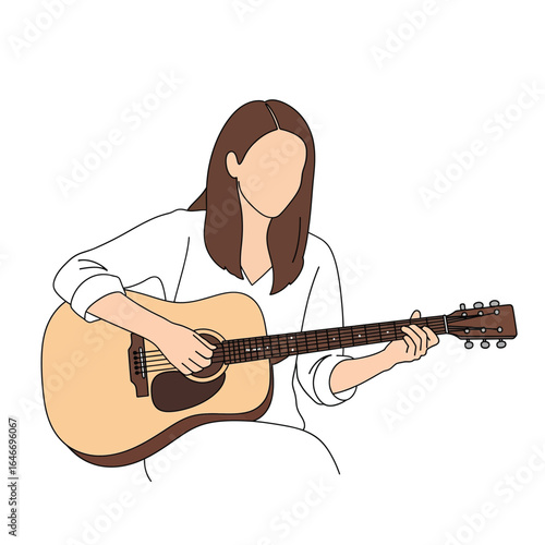 Vector illustration of woman playing acoustic guitar, isolated on white background