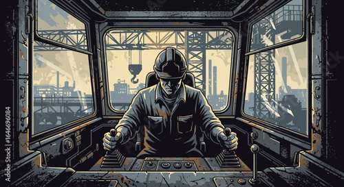 Illustrative crane operator overseeing industrial skyline from control room