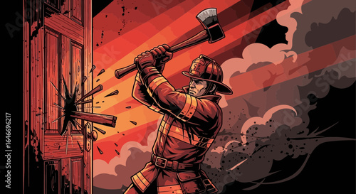 Illustrative firefighter breaching door with axe under fiery skies art