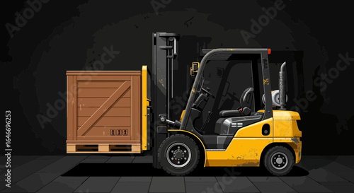 Illustrative Forklift at Work, Transporting a Crate in Dark Warehouse, Vector Art