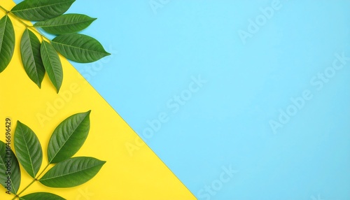 Vibrant green leaves arranged on a split yellow and blue background, leaving ample copy space