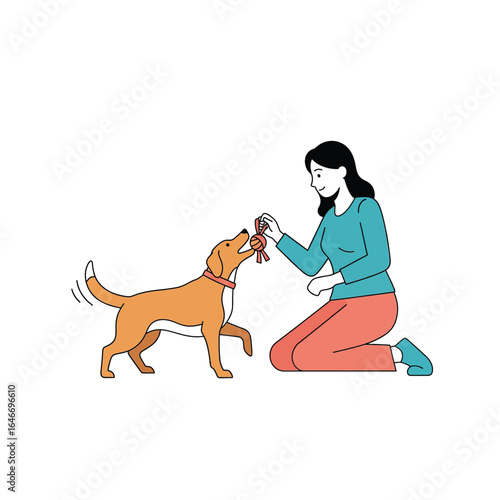 Vector illustration of woman playing with dog with a toy in the park