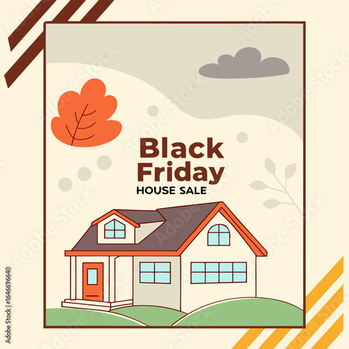 Illustration of a house for sale with black friday promotion and autumnal elements in a beige background