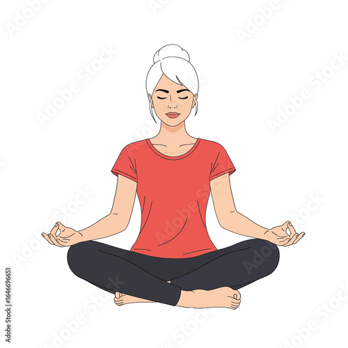 Vector illustration of woman meditating in lotus pose isolated on white background