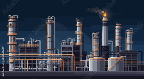 Industrial complex silhouette against dark background in detailed vector style