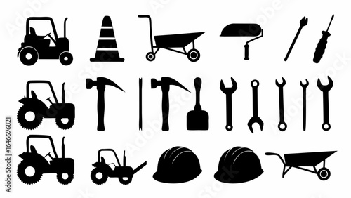 Illustration showing construction and agricultural equipment and tools in black silhouette style design