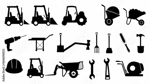 Illustration of construction and gardening equipment including forklift tractor and various hand tools set silhouette