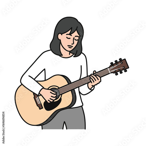 Vector illustration of woman playing an acoustic guitar, isolated on white background