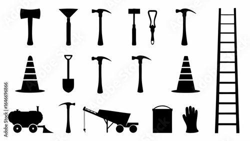 Illustration of various construction and building tools including hammers, ladder, and safety equipment tools silhouette