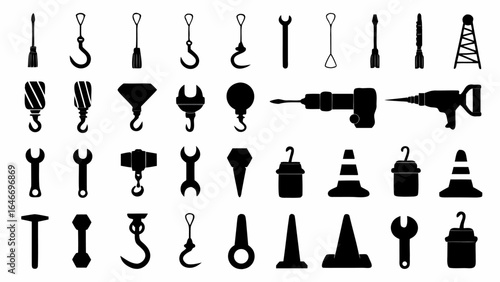 Illustration of various construction and industrial tools including wrenches drills and safety cones in black silhouette