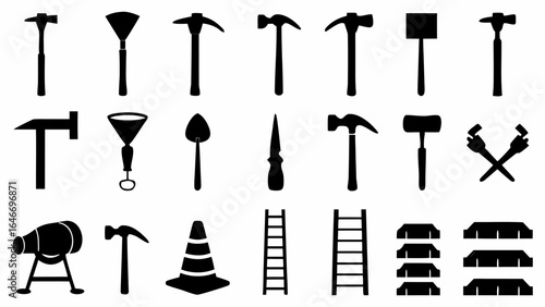 Illustration of various construction and building tools including hammers and ladders in black silhouette