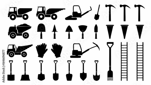 Illustration of construction equipment including trucks excavators shovels hammers and safety gloves in black silhouette
