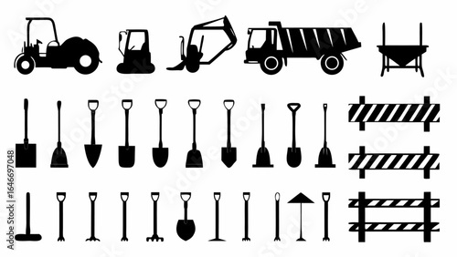 Illustration showing various construction vehicles and tools in black silhouette on a white background