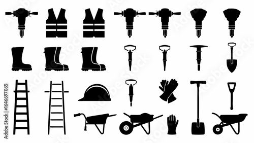 Illustration of construction work equipment including tools and protective gear in black silhouette style