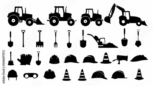 Illustration of construction equipment including tractors shovels helmets and safety cones in black silhouette