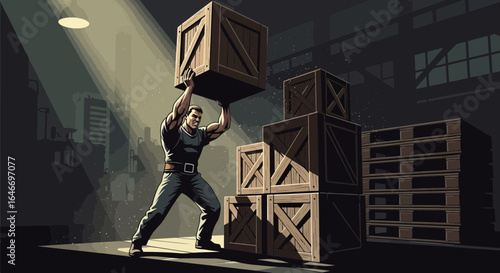 Industrial warehouse worker lifts heavy wooden crate in dim lighting