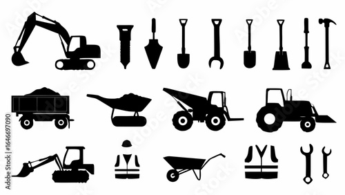 Illustration showcasing various construction equipment and tools in silhouette against a white background