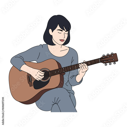 Vector illustration of woman playing acoustic guitar and enjoying her music hobby