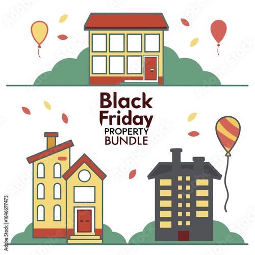 Illustration of a black friday property bundle featuring houses, balloons, and falling leaves in a flat style