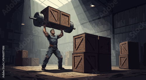 Man demonstrating incredible strength and resilience by lifting boxes in warehouse