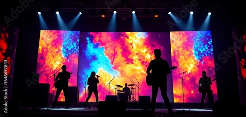 Silhouetted band on stage, massive screen backdrop,  live music,  projector