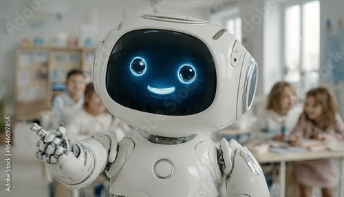 Ein freundlicher Roboter mit leuchtendem Gesicht unterrichtet Kinder in einem Klassenzimmer, Vektor-Illustration.