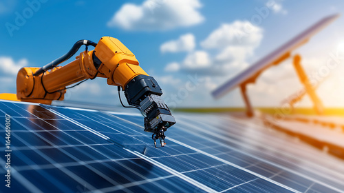 Automated robotics installation of solar panels renewable energy site industrial technology bright environment close-up view