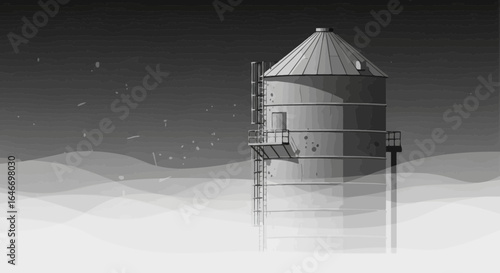 Monochromatic grain silo amidst hazy fields, evoking rural tranquility