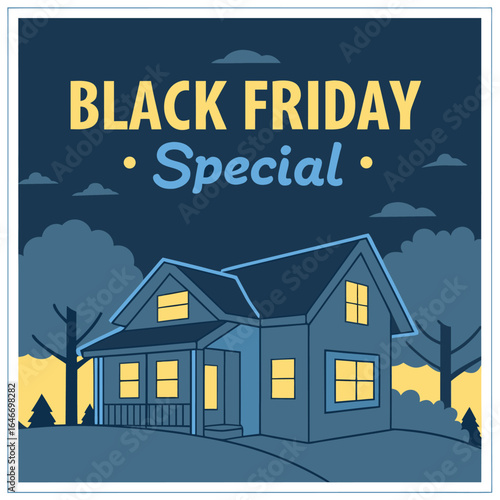 Black friday special promotion with a house illustration in the evening with trees and clouds design