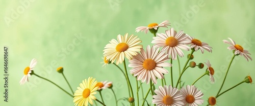 Elegant stand displays vibrant chamomile blossoms against a soft green pastel backdrop, flowers, details