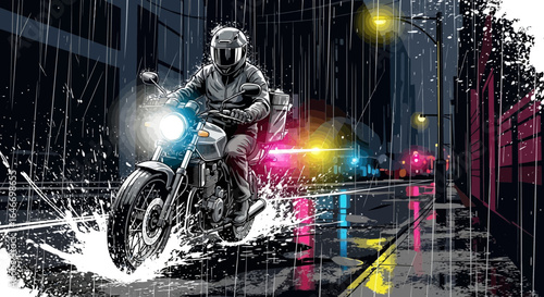 Motorcycle rider navigates a rainy urban landscape with delivery box on back