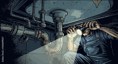 Plumber inspects leaky pipes under sink with flashlight, illustration style