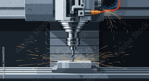 Precision machining illustration with metallic equipment and sparks effect