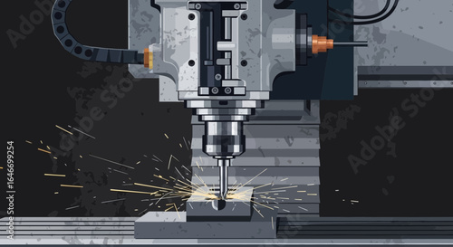 Precision Machining Operation with Sparks Flying from Metal Drilling