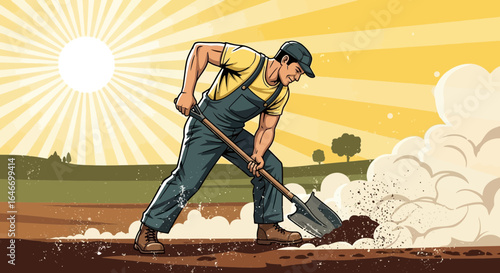 Retro Farmer Digging in the Field with Shovel Illustration Artwork