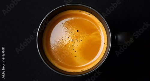 Espresso in a black mug, top-down view with crema